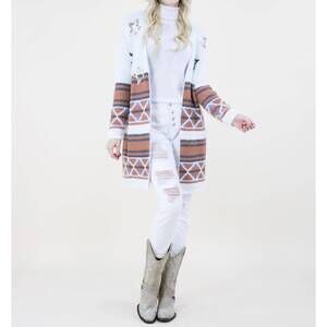 NEW ORIGINAL USA geo print eyelash cardigan in white multi